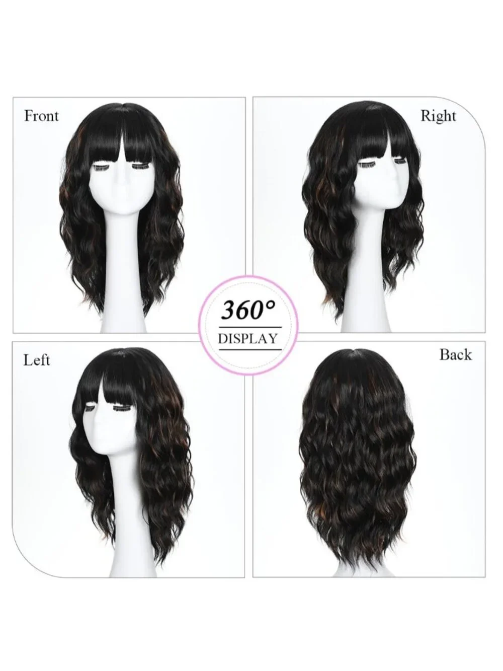 Women's Black Brown 16 Inch Wavy Wig With Bangs Shoulder Length Synthetic Hair